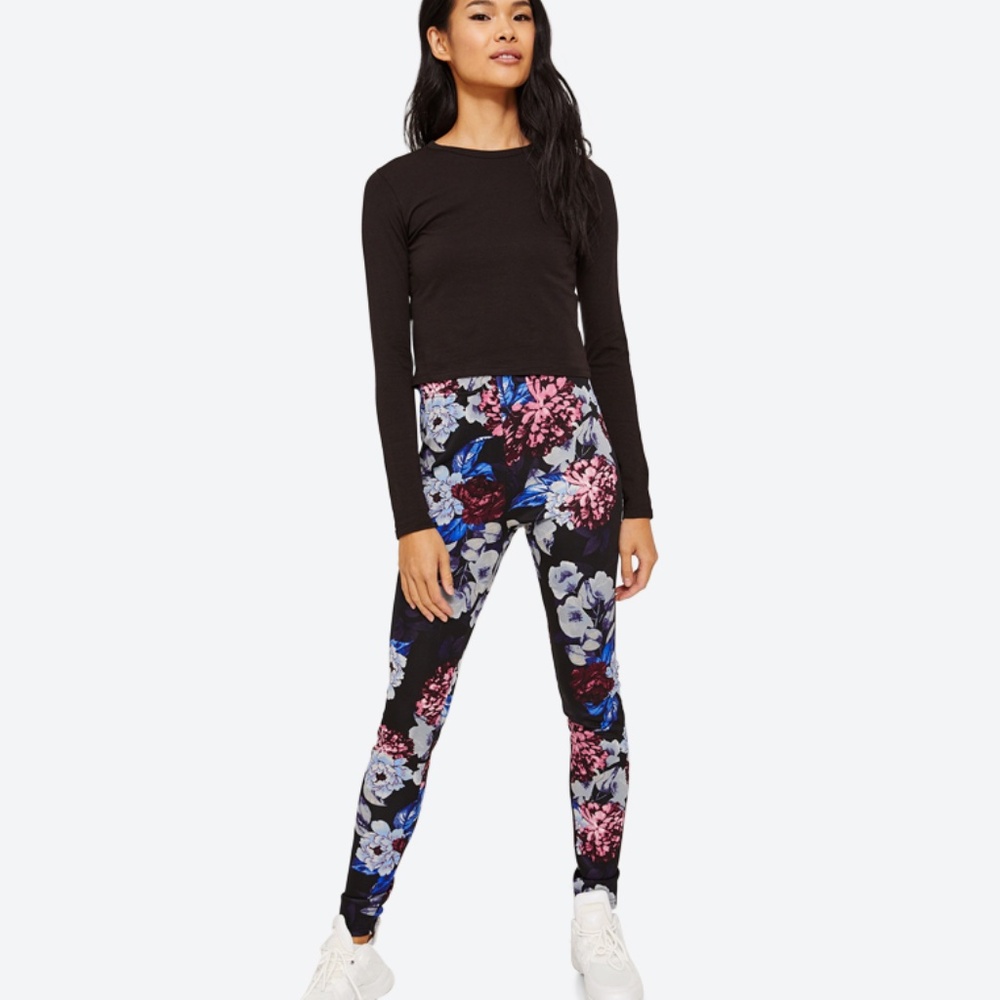 Floral Printed Elastic Waistband Leggings - Black Size L
